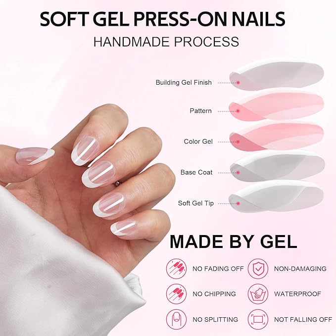 Findigit French Tip Gel Press On Nails Short - Pink Glossy Fake Nails White with Nail Glue for Women Gift, Supremely Fit Natural in 16 Sizes - 32 Stick On Nails Kit, Glossy Pink Ballet