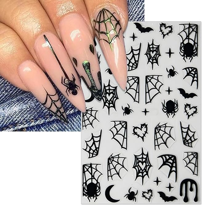 Halloween Spider Web Nail Stickers, 8 Sheets Black White Web Self-Adhesive 3D Nail Art Decals for DIY Manicure