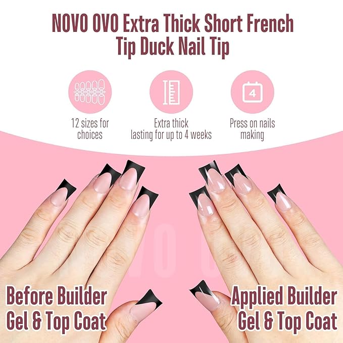 NOVO OVO Halloween Black French Tip Short Duck Nail Tips Press on, BABY PINK Pre-designed Soft Gel Nail Extension, Extra thick Full Cover Matte Vrial False Nails for Salon DIY x 12 Sizes 240 pcs