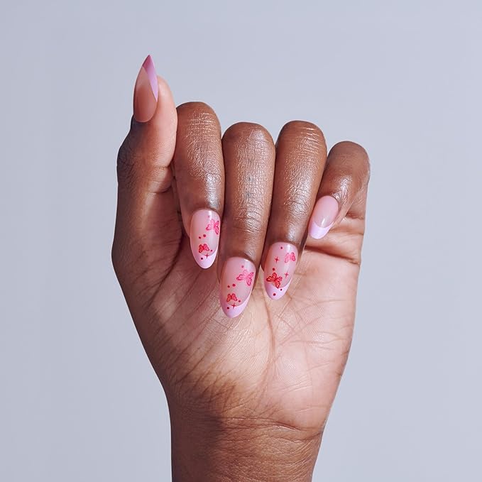 KISS CORE, Press On Nails, Nail glue included, 'Signature', Pink, Medium Size, Almond Shape, Includes 32 Nails, 2g Glue, 1 Manicure Stick, 1 Mini File