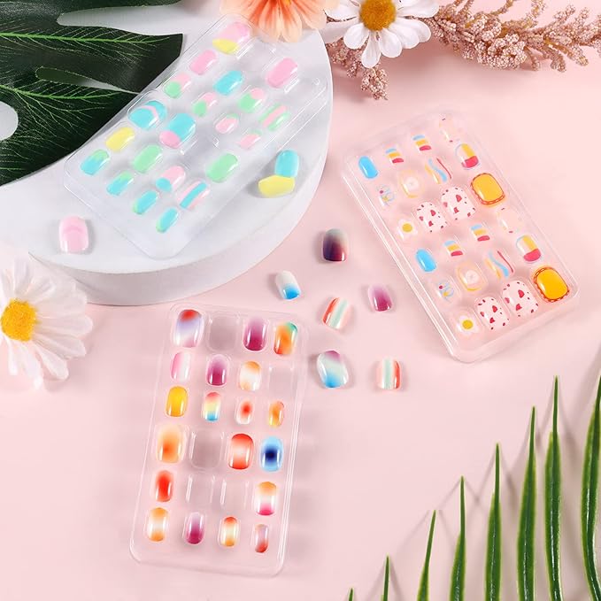 Laza 72pcs Children Nails Press On Pre-glue Full Cover Gradient Blooming Color Mixing Rainbow Short False Nail Kits for Kids Teenager Girls - Blooming Rainbow