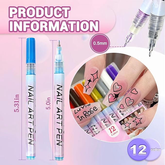Nail Art Pens Set, 12 Color 0.5 MM Nail Art Markers Nail Polish Pens Drawing Painting Point Liner Painted Kit, Waterproof and Quick-drying Nail for DIY Design Manicure Tools