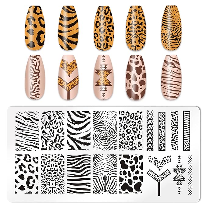 5Pcs Nail Stamping Plates Leopard Print Nail Stamps Nail Art Stamping Plates Nail Stencils Nail Plate Template Nail Art Stamping Kit Nails Accessories with 1 Nail Stamper, 1 Scraper