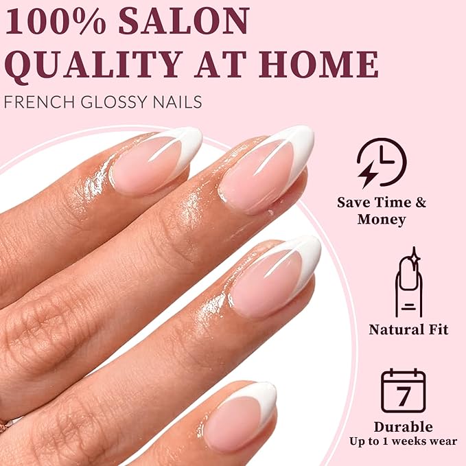 120PC White French Tip Press on Nails Medium Fake Nails Press ons with 5*Adhesive Tabs, Pink Almond Acrylic Nail Press on Nail French Tip Nails False Artificial Fingernails Stick on Nails-K