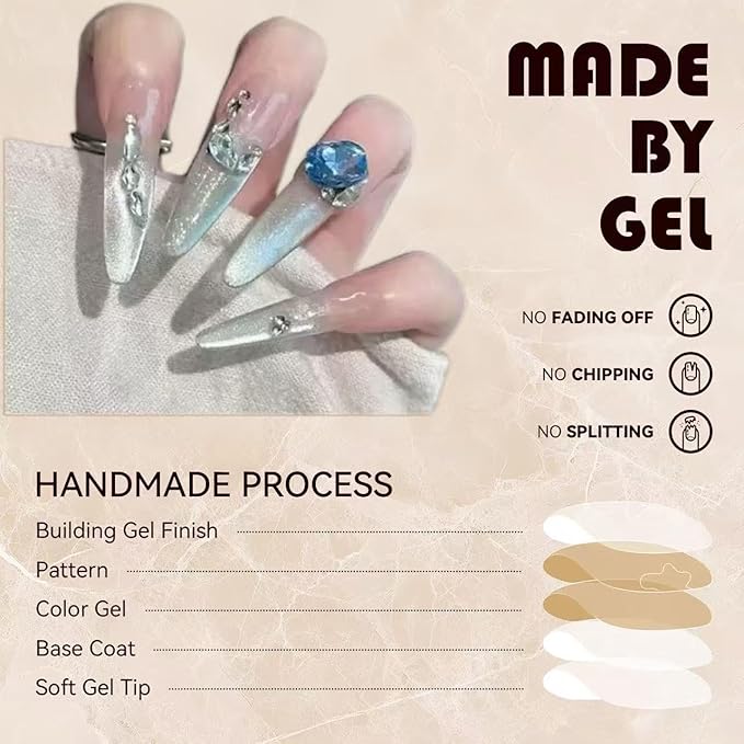 24Pcs Nude Cat Eye Press On Nails, Long AlmondFake Nails with Blue Rhinestones,Glossy Cat Eye Finish, Reusable Stick On Nails with Jelly Glue for Party & Gifts
