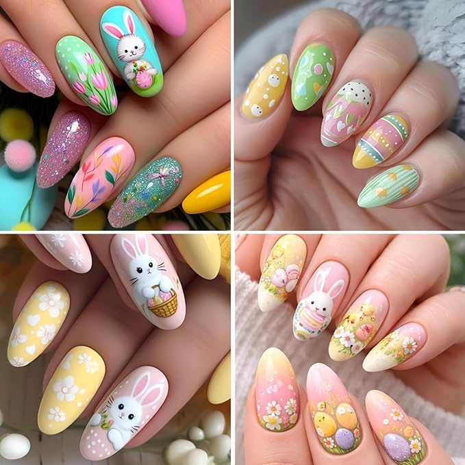 8 Sheets Easter Nail Stickers - 3D Self-Adhesive Easter Egg Bunny Chick Nail Decals - Cute Spring Holiday Nail Art Decorations for Girls Women Perfect Easter Basket Stuffers Gifts Party Favors