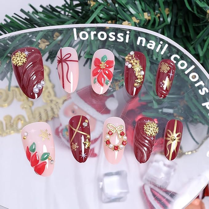 30Pcs Christmas Press on Nails Medium Almond Fake Nails Red Glitter False Nails with 3D Flower Design Gold Snowflake Star Rhinestones Stick on Nails Winter Full Cover Artificial Glue on Nail for Women