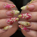 Press on Nails Long Almond Fake Nails Yellow French Artificial Nail 3D Embossed Flowers Rhinestones Charm Stick on Nail for Women 24pcs