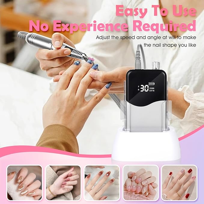 CIVPOWER Nail Drill, Portable Rechargeable Tool Kit with 35000RPM Electric Nail File and LED Display for Manicure, Pedicure, Salon, Home, DIY (White)