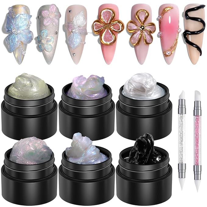 Solid Builder Gel Kit, 6 Colors Non Sticky Hand Solid Builder Gels for Nails Aurora Blue Pink Pearl White Hard Gel With Silicone Carving Pen 3D Sculpting Nail Art Starter Kit