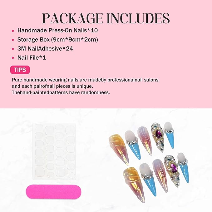 Luxury Handmade Press On Nails Long Stiletto Fake Nails Ombre False Nails with 3D Rhinestones Designs Y2k French Tip Long Almond Acrylic Nails Press Ons for Women 10Pcs (Size M)