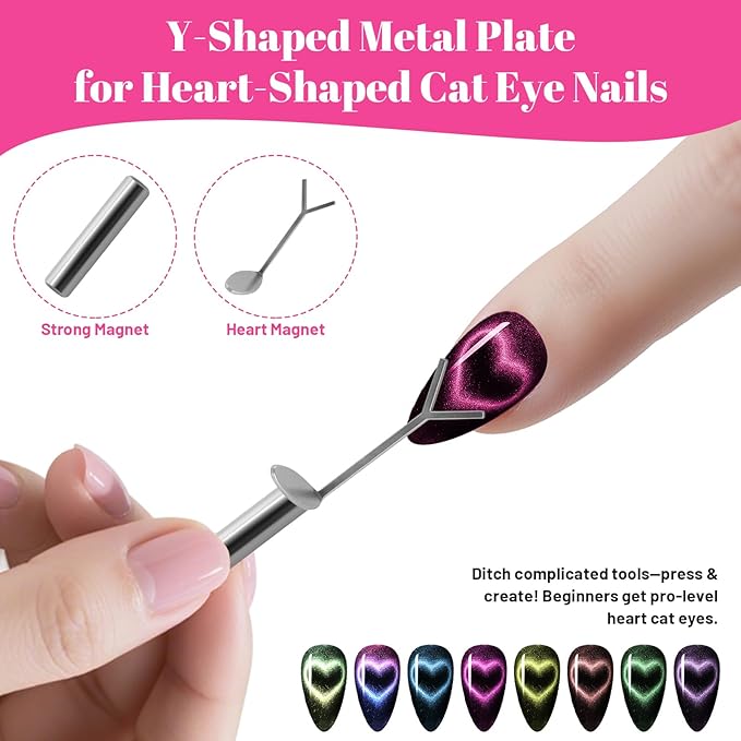 3PCS Nail Art Magnet Set - Pink 6-in-1 Cat Eye, Y-Shape Dual Head & Heart Magnetic Tool for Salon & Home Gel Manicure Designs