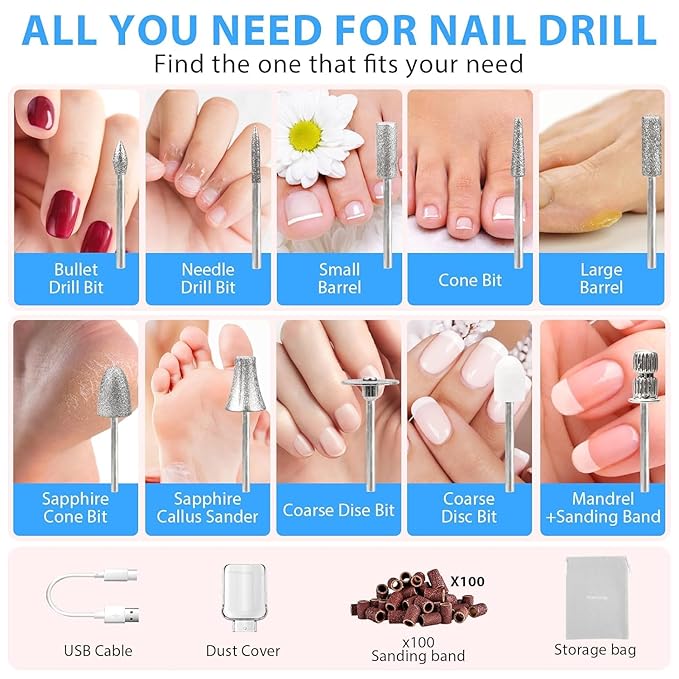 2 Pack 10-in-1 Electric Nail Drill with 100 Sanding Bands – Professional Manicure & Pedicure Kit, Black