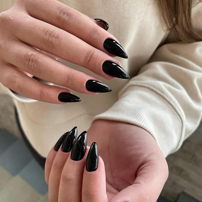 Black Press on Almond Shaped Medium Nails - Neutral Acrylic Reusable Fake Nails for Women Girls - Glue on Medium Length Stiletto False Nails - Soft Gel Artificial