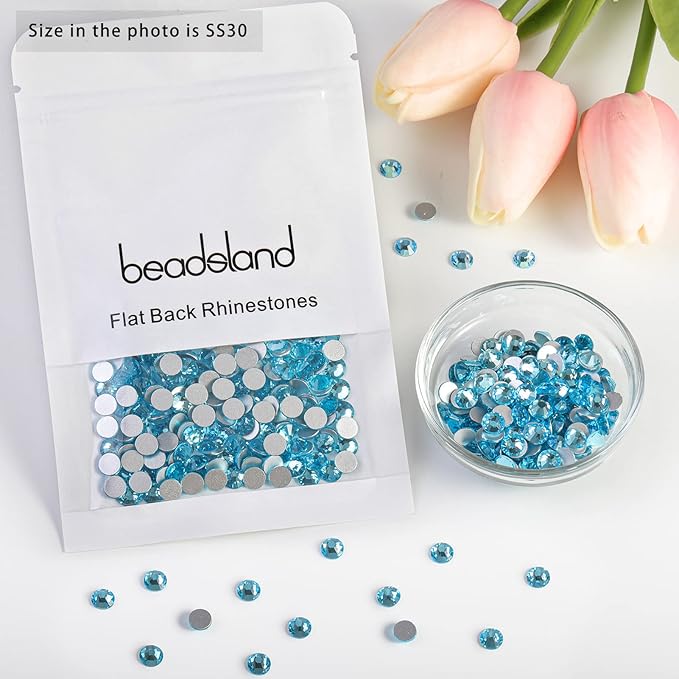 Beadsland Flat Back Crystal Rhinestones Round Gems for Nail Art and Craft Glue Fix, Aquamarine, 6.3-6.5mm, SS30/288pcs