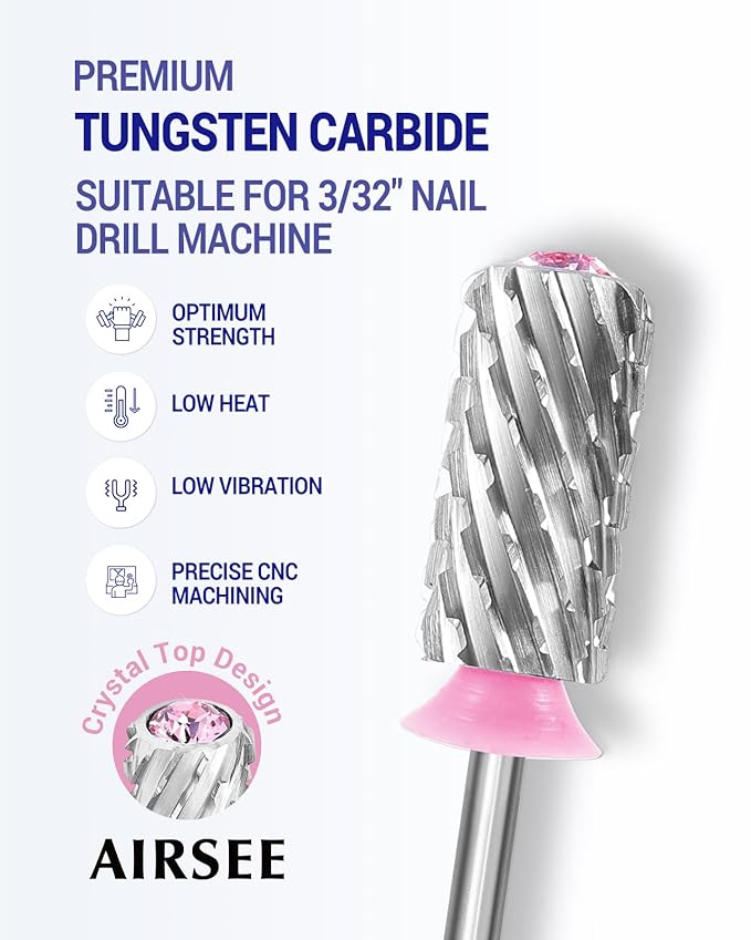 AIRSEE Tungsten Carbide Acrylic Nail Drill Bit Efile Electric File Machine Head Tip for Manicure Polishing Art Remove Gel 3/32" 2 Way Beginner Safety Pink Crystal Top Barrel 3X Coarse-3XC