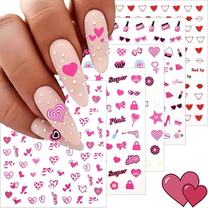 winthrop 8 Sheets Valentine's Day Nail Art Stickers, Charming Heart Lips High Heels 3D Trendy Design Self-Adhesive Pink Nail Art Decals, DIY Manicure Decoration Supplies Accessories for Women Girls