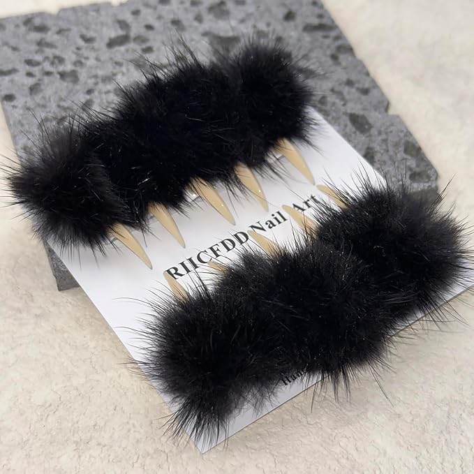 10 Pcs Luxury Press on Nails Medium Curved Stiletto Handmade Cat Claw Reusable Fake Nails Unique Cat Claw False Nails with Black Furry Fur Designs Glossy Glue on Nail Thick Acrylic Nail (S)