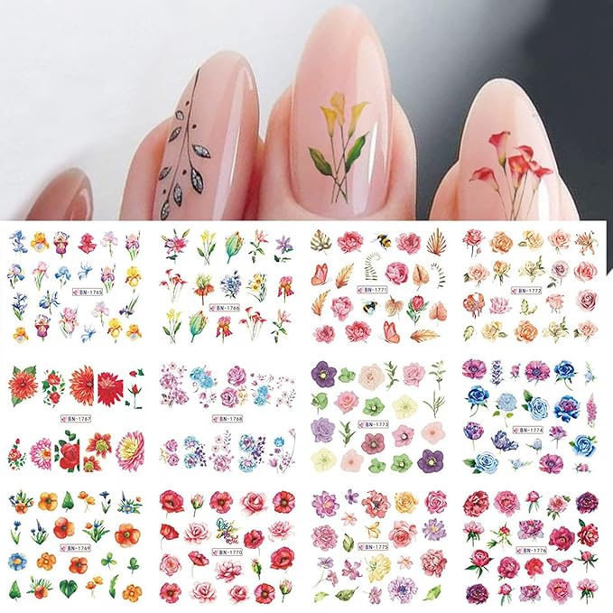 24 Sheets Flowers Nail Art Stickers, Holographic Floral Leaf Butterfly Nail Water Transfer Decals Design, Flower Nail Art Sticker Supplies for Women Girls Manicure Charms Decorations, Resin Nail Decal