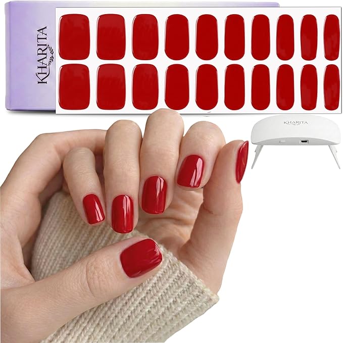 Semi Cured Gel Nail Strips – Real Gel Nail Polish Wraps for Brittle Nails | Waterproof Long Lasting Easy Peel-Off Removal | Hema-Free | 20-Piece Solid Rouge Ruby Red Salon Kit with UV Lamps