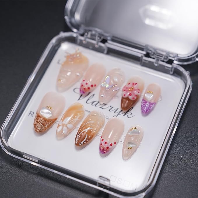 Handmade Press-On Nails – Medium Almond French Tip 3D Butterfly & Brown gradient Flowers Nails,Salon-Quality Reusable Fake Nails,Handcrafted Multi-Layer Gel & Acrylic Nails (10PCS)