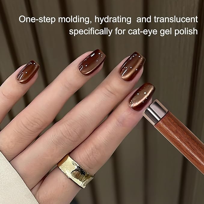 WOKOTO 3 in 1 Acrylic Nail Brush Cat Eye Magnet For Nails, Brown Wood Penholder Nail Art Brushes For Cat Eye Gel Polish Magnet Pen Tools, Nail Magnet & Round Brushes For Nail Art Cat Eye Magnet
