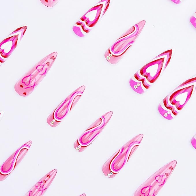 MISUD Press on Nails - Long Stiletto Fake Nails with Hot Pink, Acrylic Valentines Heart Design 24 pcs