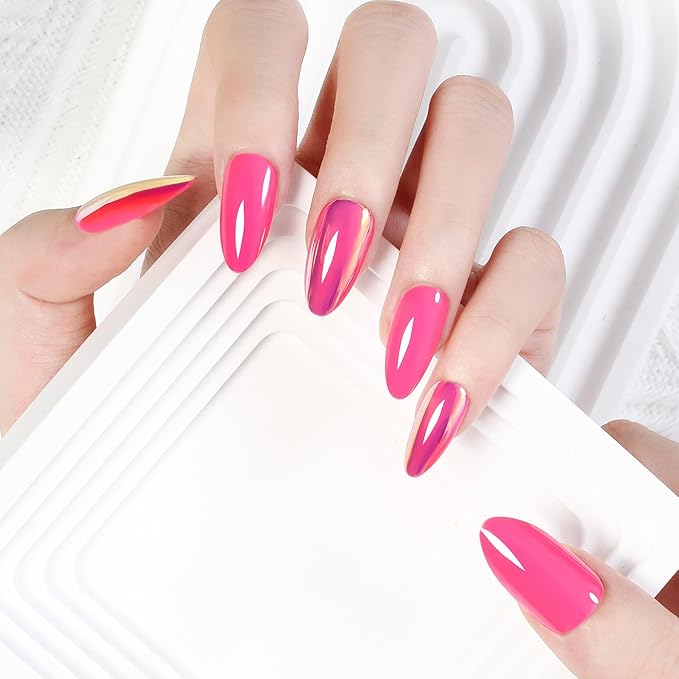 Nails Press Ons Almond - Hot Pink Glossy Iridescent Reusable Acrylic False Nails for DIY Manicure, 24 Nails in 12 Sizes with Glue, Adhesive Tabs, Nail File, Prep Pad, Manicure Stick