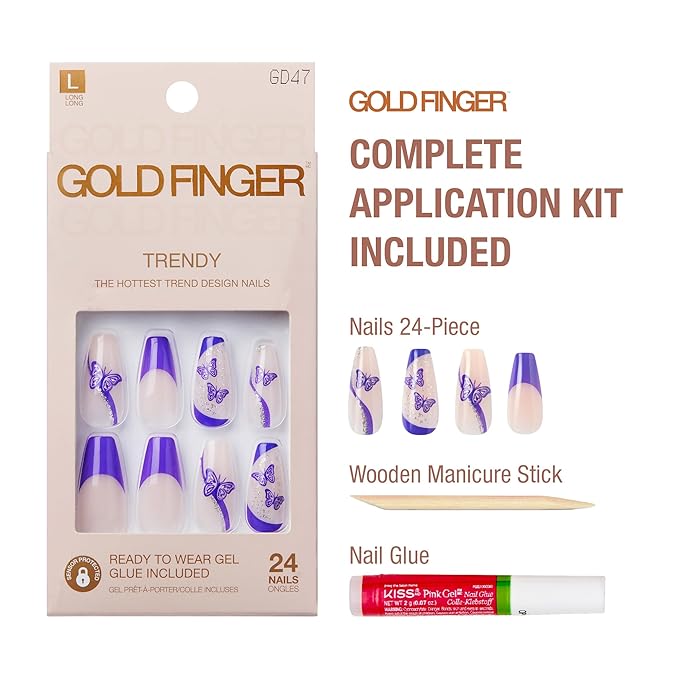 GoldFinger 24 Pcs Press On Nails, Long Coffin Fake Nails, Purple Butterfly Gel Stick On Extensions, Reusable Full Cover False Nail Kit with Glue, Manicure Stick & File, 7 Day Long Lasting Wear