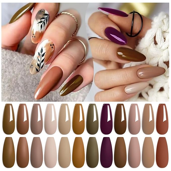 MTSSII 12 Colors Brown Gel Nail Polish Set, Fall Winter Skin Tones Nude Gel Polish Roasted Chestnuts Chocolate Collection Neutral Khaki Gel Nail Kit Nail Art Salon DIY Gift for Women