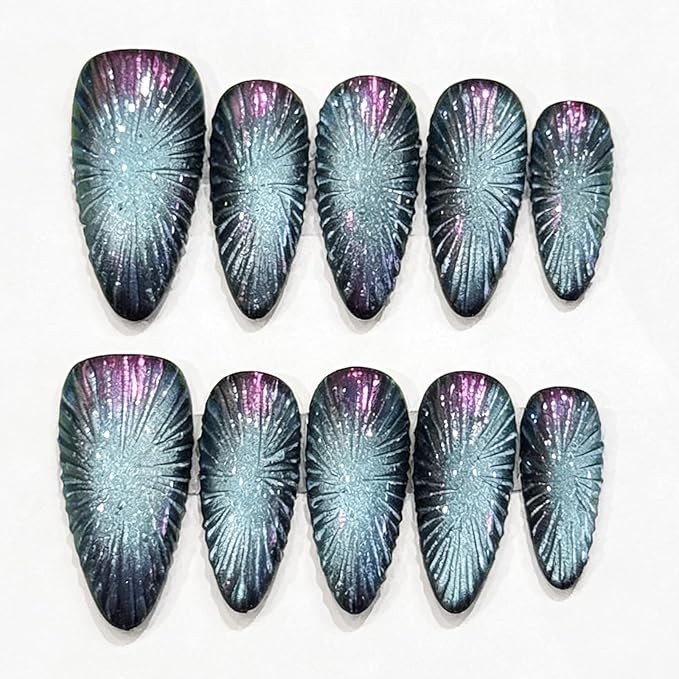 Handmade Press on Nails Popular Almond Shape with Ice Blue Cat Eye and Crushed Ice Design Handmade Stiletto Press on Nails 3D Cat Eye Press on Nail（S）