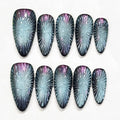 Handmade Press on Nails Popular Almond Shape with Ice Blue Cat Eye and Crushed Ice Design Handmade Stiletto Press on Nails 3D Cat Eye Press on Nail（S）