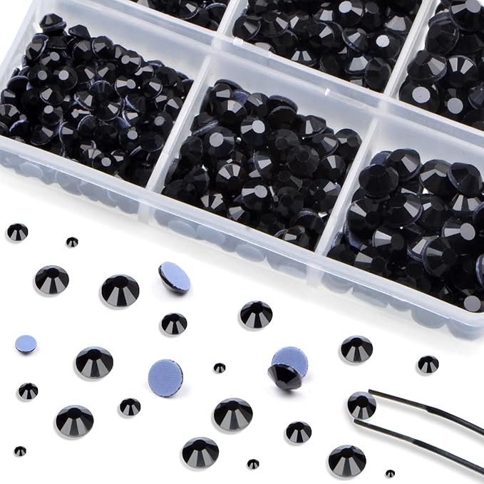 Bymitel Hotfix Crystal Rhinestones Round Gems for Crafts,Mixed 6 Sizes with Wax Pencil Kit, Black 1.6-6.3mm SS4-SS30/8000pcs