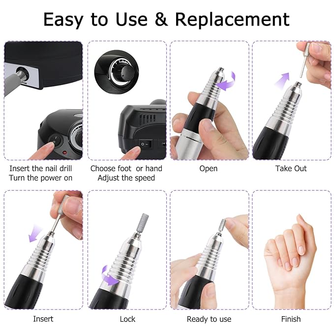 Professional Nail Drill with Pedal Black Nail Drill Set 30000 RPM Electric Nail File with Foot Pedal Nail Grinder E File NailDrill for Acrylic Nails Gel Nail Filer Electric For Home Or Salon