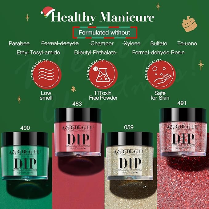 AZUREBEAUTY Christmas Dip Powder Nail Kit, 4 Colors Red Green Gold Glitter Dipping Powder System Liquid Set Recycling Tray, French Nail Art Base & Top Coat Activator DIY Salon.