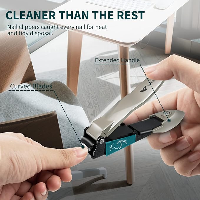 Nail Clippers with Catcher, No Splash Fingernail Toenail Clippers with Sharp Curved Blade and Glass Nail File, Wide Jaw Opening Stainless Steel Nail Cutter Trimmer for Seniors Adult Men Women