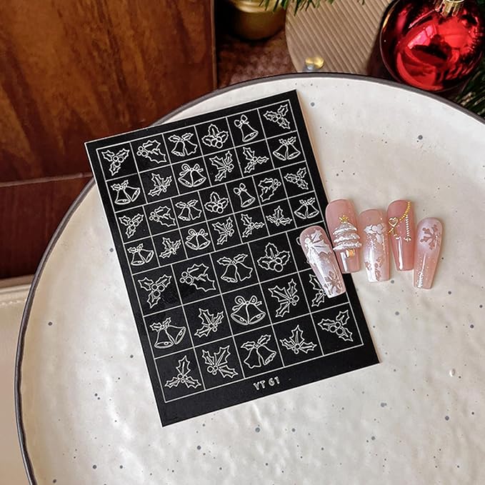 Christmas Nail Stickers Airbrush Stencils Stickers for Nail Art Self Adhesives with Snowman Snowflower Deer Bell Wreath Socks Designs Supplies Design Nail Guide for Manicure Nails Decoration 6 Sheets