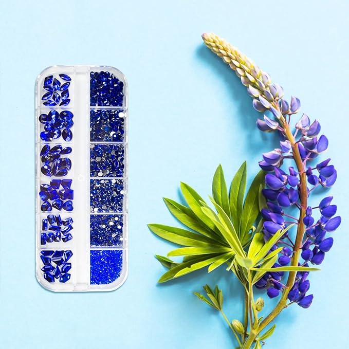 2052Pcs Sapphire Blue Nail Art Rhinestones Kit Royal Blue Nail Charms Multi Shapes Crystal Flatback Rhinestones Big Gems + Round Beads Glass Stones Diamonds Jewels for Nails Faces Eyes Makeup