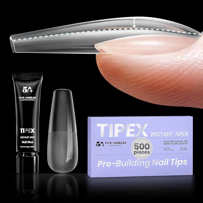 Tipex Instant Apex Gel Nail Tips Kit – 500pcs Pre-Etched Sculpted Long Coffin Acrylic Nail Tips, Thicker Full Cover Press-On Nails for Flat Nails, 30g/1.06oz UV Nail Glue Included