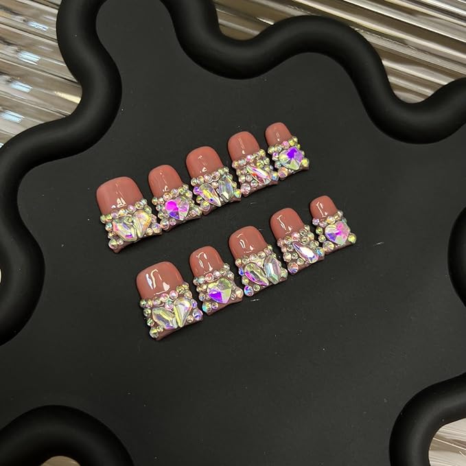 Luxury 3D Crystal Handmade Press on Nails Short Duck False Nails with Colorful Rhinestones Designs Salon DIY Thick Manicure Reusable French Tip Glossy Pink Fake Acrylic Nail Art for Women（S)
