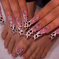 Pink French Tips Press on Toenails Leopard Press on Nails Long Square False Nails with Rhinestones Design Diamond Fake Toenails Glossy Reusable Summer Fake Nails for Women Girls DIY Manicure 48Pcs