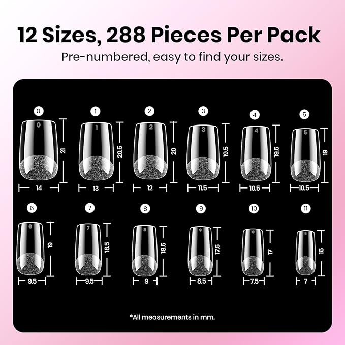 Beetles Gel Nail Kit Etch-X, Short Square, 288pcs 12 Sizes Nail tips, 3Pcs 15ml HEMA-Free Nail Glue Top Coat & Base Gel Set, for Acrylic and Clear Press On Nail, Long Lasting Extension DIY Set at Home