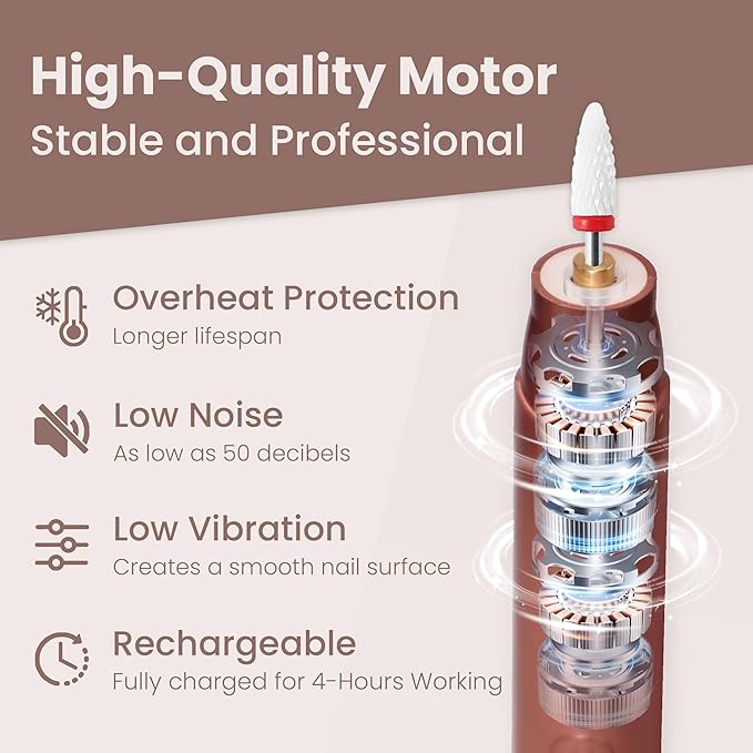 Cordless Electric Nail Drill Kit, Portable Rechargeable Nail Drill Set, Battery Electric Nail File, 5 Speeds Modes, LED Lighting, Reversible Direction, DIY, Professional (Gold)