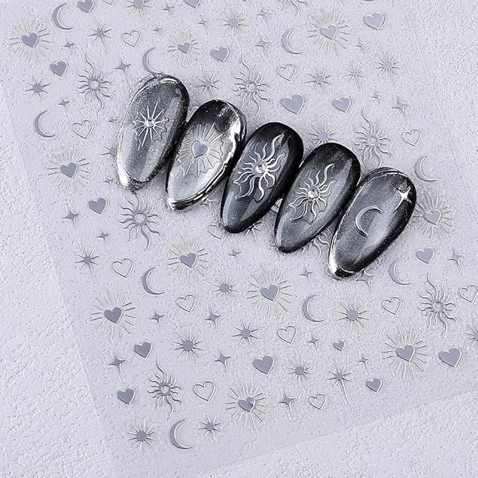 Gold Nail Stickers 5D Embossed Black White Star Nail Decals 3D Self Adhesive Moon Sun Nail Art Stickers Hearts Nails Designs Celestial Nails Supplies for Women DIY Manicure 6 Sheets