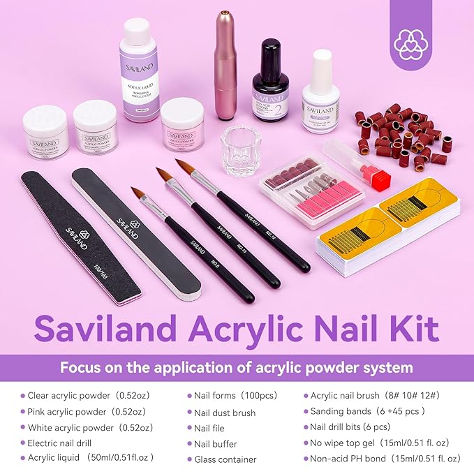SAVILAND Acrylic Nail Kit with Drill: 15g White Pink Clear Acrylic Powder and Liquid, 100 Forms, Brushes, Primer, Top Gel & Tools – Extension Nail Kit for Beginners with Everything Home Use
