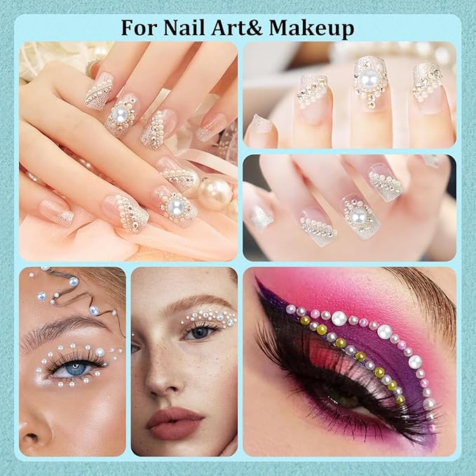 4 Boxes Flatback Pearls for Crafting, Flatback Beige Half Round Pearls 3-10mm with Pickup Pencil and Tweezer for Home DIY and Professional Nail Art, Face Makeup and Craft
