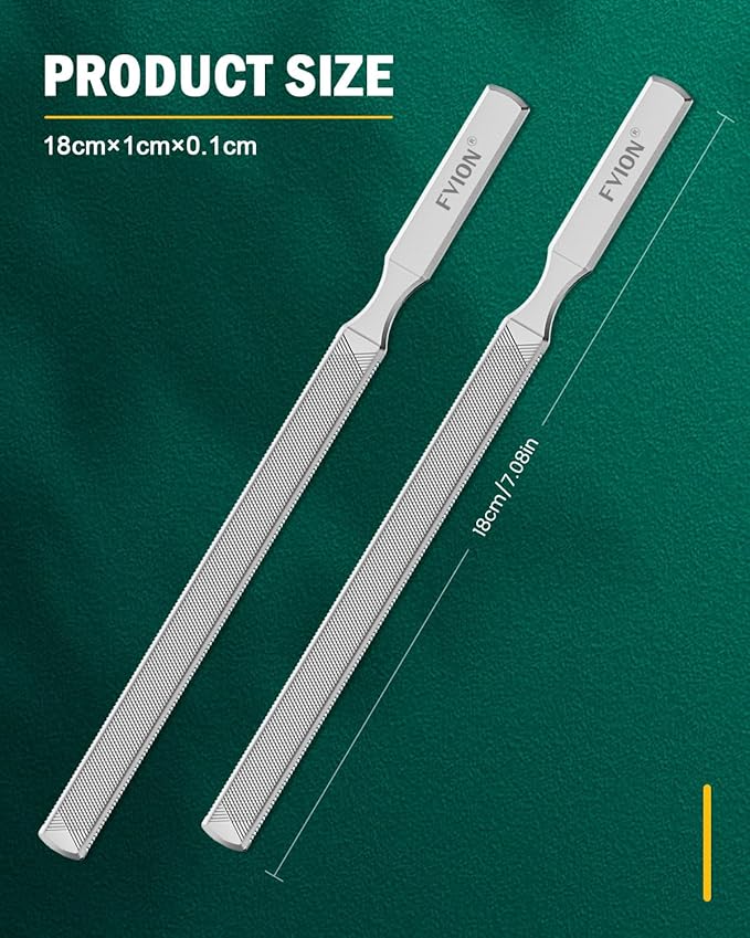 FVION 2 PCS Stainless Steel Double-Sided Long Nail File for Thick Nails – Professional Toenail File, Durable and Efficient Nail Care Tool Ideal for Manicure Or Pedicure (Silver)