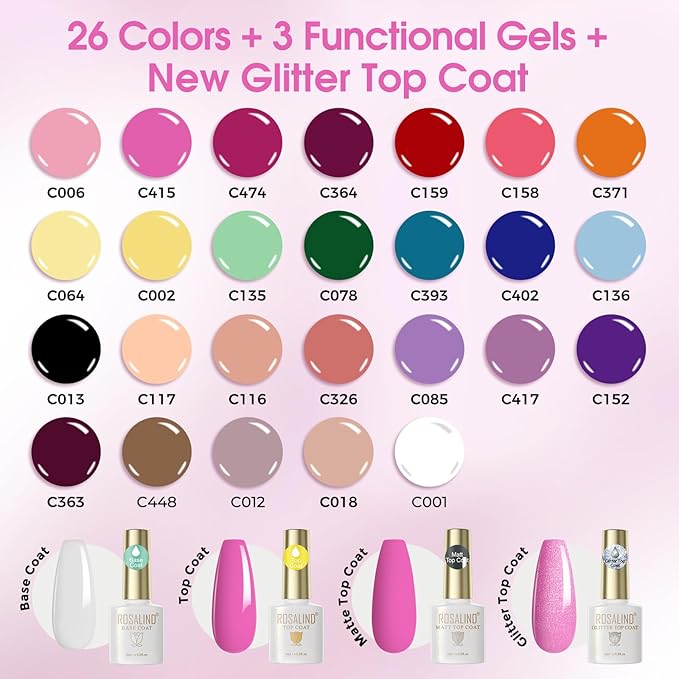 ROSALIND 30pcs Glass Bottle Gel Polish Set with Base and Glossy & Matte & Glitter Top Coat, 26 Colors Gel Nail Polish Set Pink Nude Yellow Black White Nails U V Needed Salon DIY Gift for Women