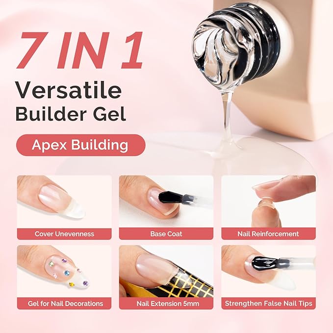 MelodySusie 2PCS 15ML Clear Builder Nail Base Gel & Top Coat Set, Shine Finish and Long Lasting, for Nails Thickening Apex Building, UV Extension Gel for Nail Art Design Salon DIY Manicure at Home