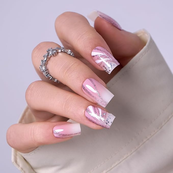 Curvlife Press on Nails Acrylic Fake Nails with Long Square Shell Design Full Cover False Nail Tips for Women Reusable Nail Kit with Nail Glue Adhesive Tabs